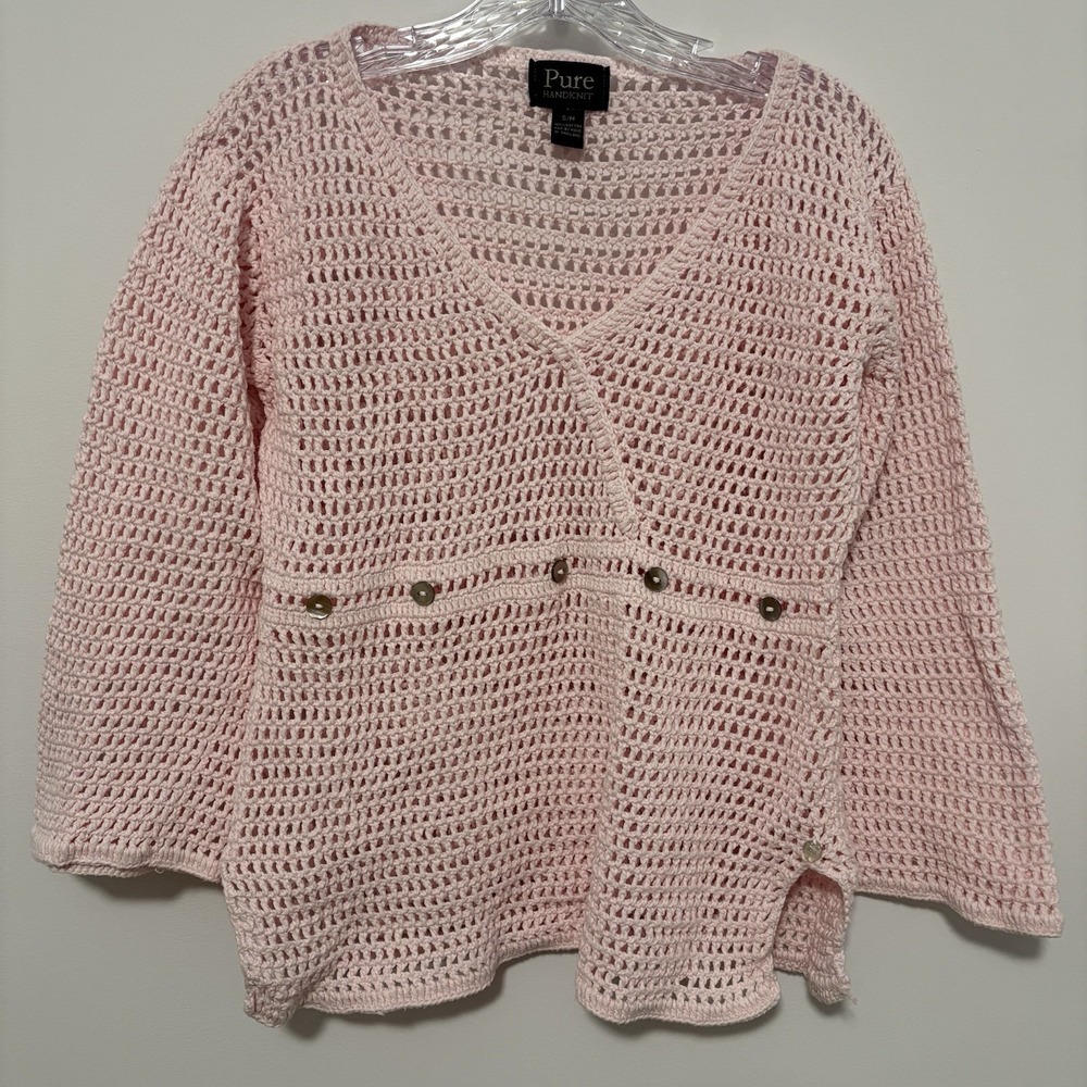 Pure Handknit Women Crochet Sweater Size S/M Baby Pink Cotton Open Knit Grandma‎